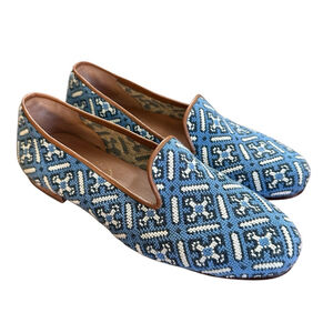 Stubbs & Wootton Womens Shoes Needlepoint Trellis Cross Blue/White 9.5/10 *READ*